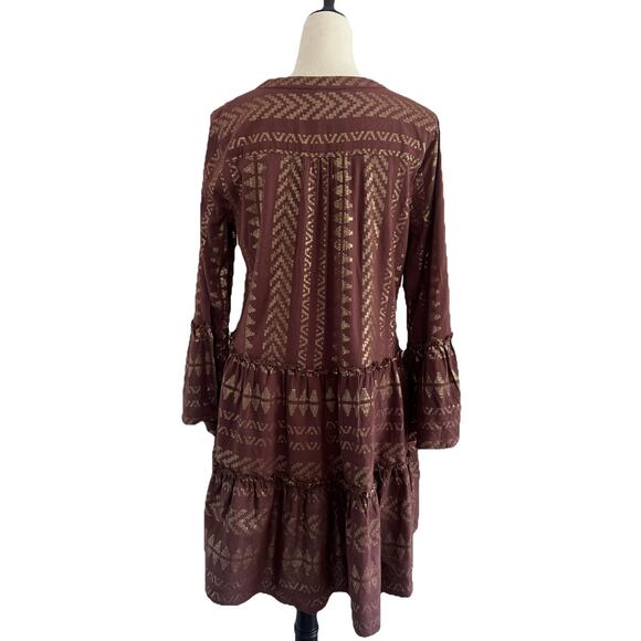 Elan Tiered Dress Womens Medium Brown Gold Babydoll Bell Sleeves Pull Over Boho - Picture 2 of 9